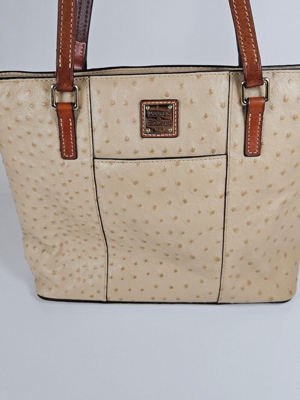 Dooney & Bourke Tote Bag Ostrich Embossed Leather Cream Tan Brown Trim Women's